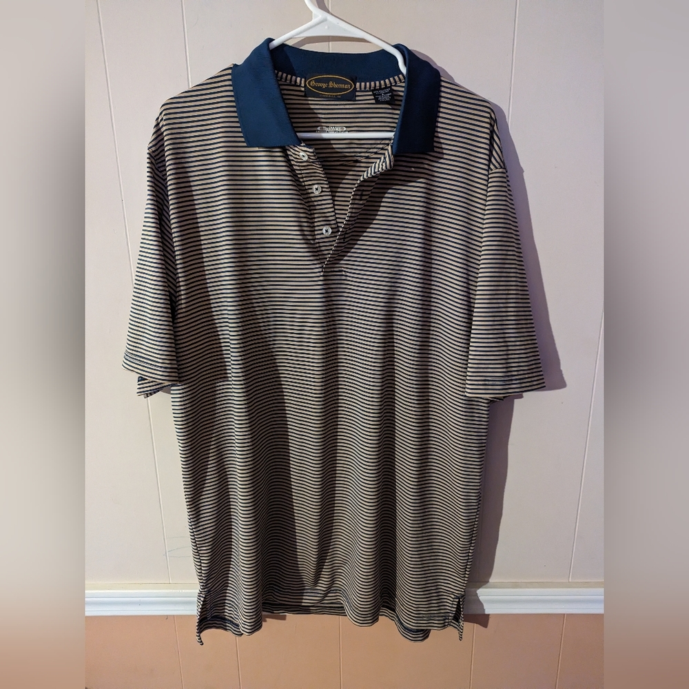 George Sherman Golf Polo Shirt Striped Beige/Navy Blue Men Size Large